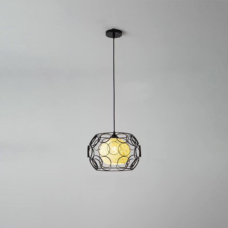 Modern Hemp Ball Pendant Light - Minimalist Iron Drum Fixture for Living Room