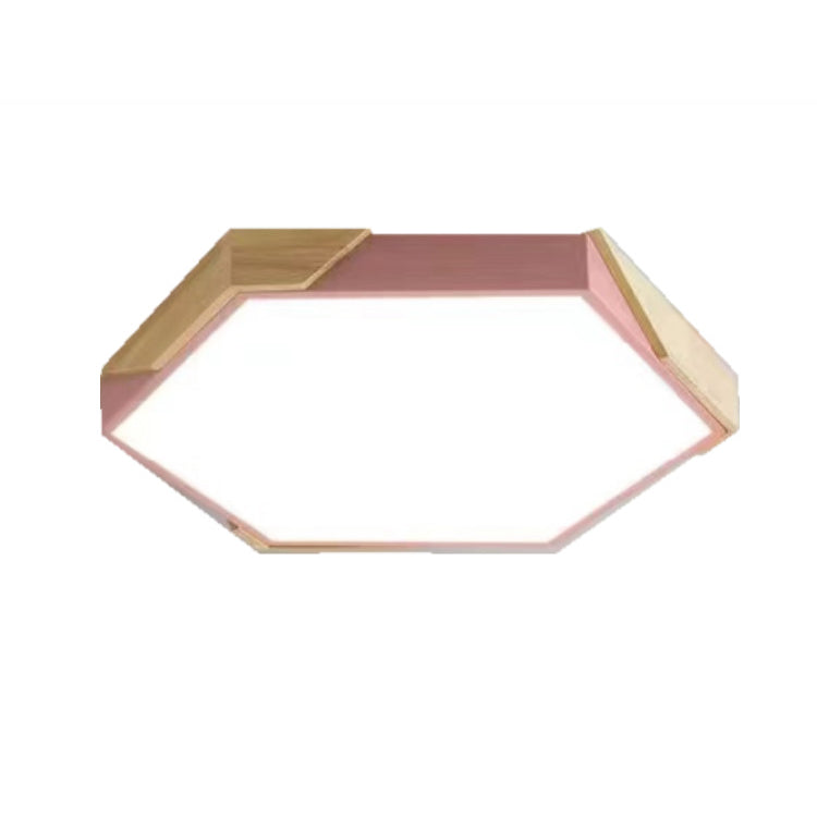 Contemporary Scandinavian Hexagonal Iron Wood Macaron LED Flush Mount Ceiling Light for Bedroom