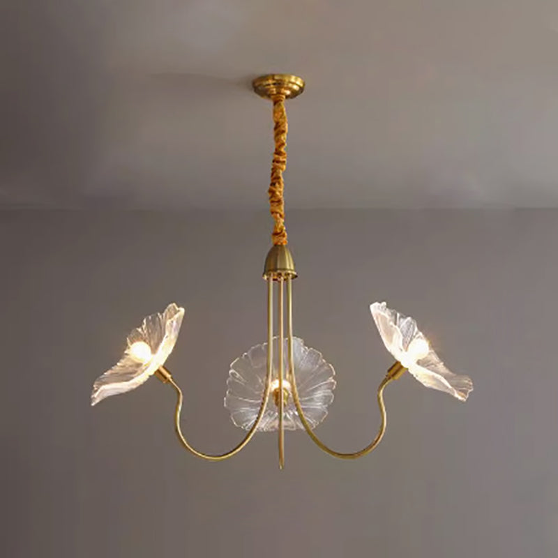 Modern Art Deco Gold Finish Chandelier with Lotus Leaf Glass Shade - 3/6 Lights for Living Room