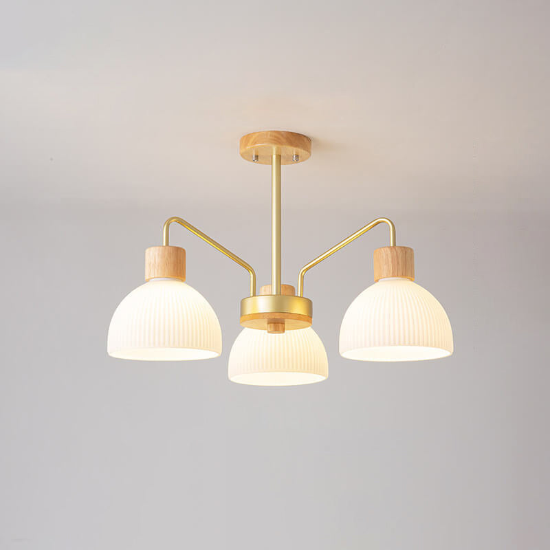 Nordic Vintage Wooden Glass Dome Chandelier 3/5 Light Fixture