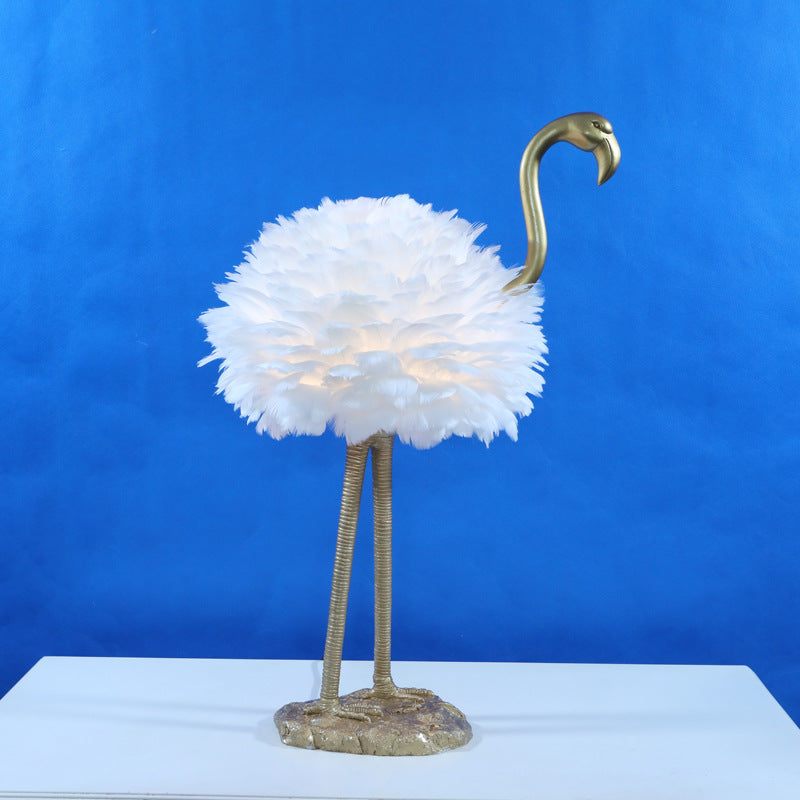 Contemporary Nordic Goose Feather Metal Flamingo Ball 1-Light Table Lamp for Bedside, Modern Accent Lighting, Decorative Bedroom Lamp, Unique Home Decor, Stylish Nightstand Light, Chic Flamingo Design, Soft Ambient Glow, Artful Lighting Fixture