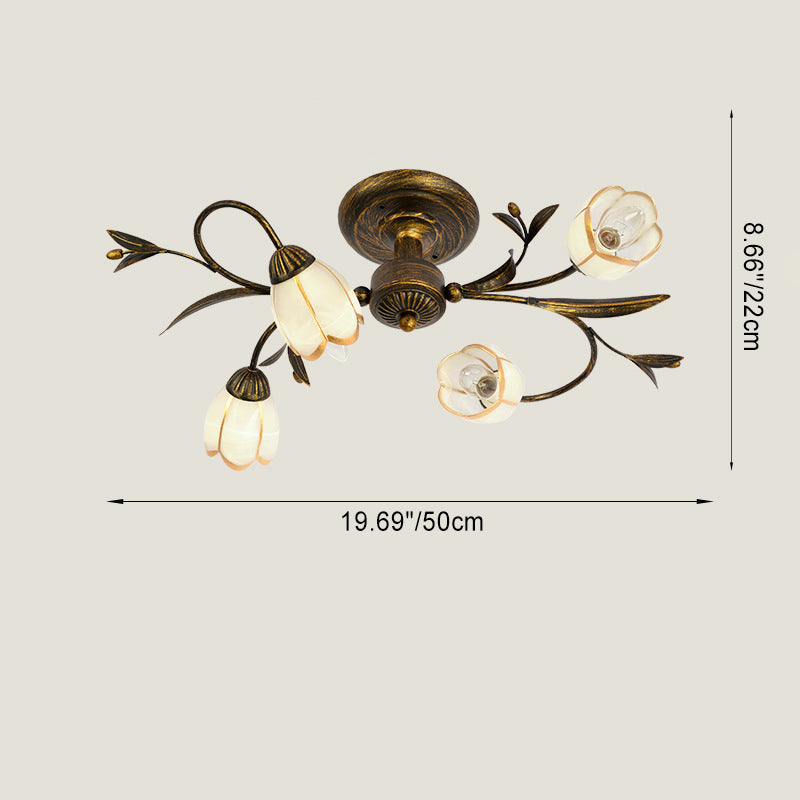 Traditional French Flower Shaped Iron Glass Semi-Flush Mount Ceiling Light for Bedroom - 4/6/8/10/12 Lights
