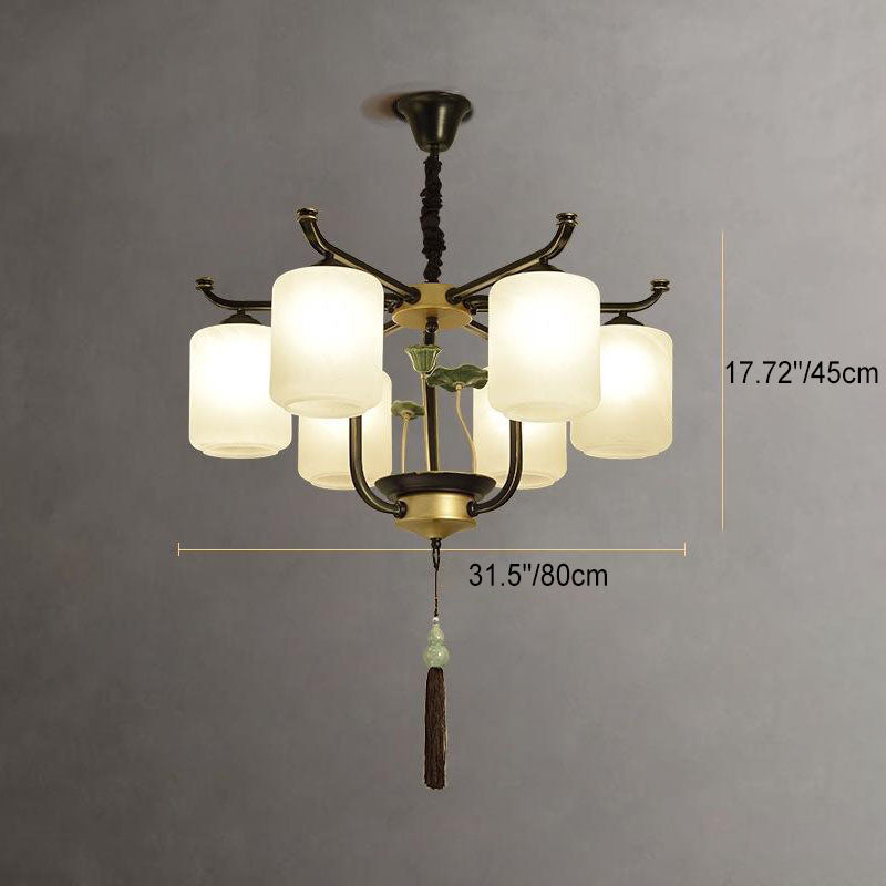 Traditional Chinese Iron Frame Cylinder Glass Shade Chandelier - 6/8/10/12 Lights for Living Room