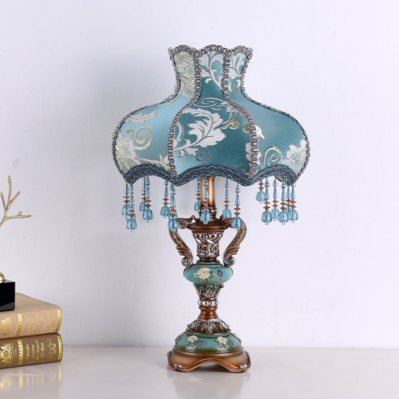 Traditional European Blue Fabric Tassel Resin 1-Light Table Lamp for Bedroom, Elegant Home Deco, Cozy Nightstand Lighting, Vintage Style Accent Lamp, Decorative Bedside Lamp, Living Room Light Fixture, Classic Interior Design, Blue Lamp with Tassels, Soft