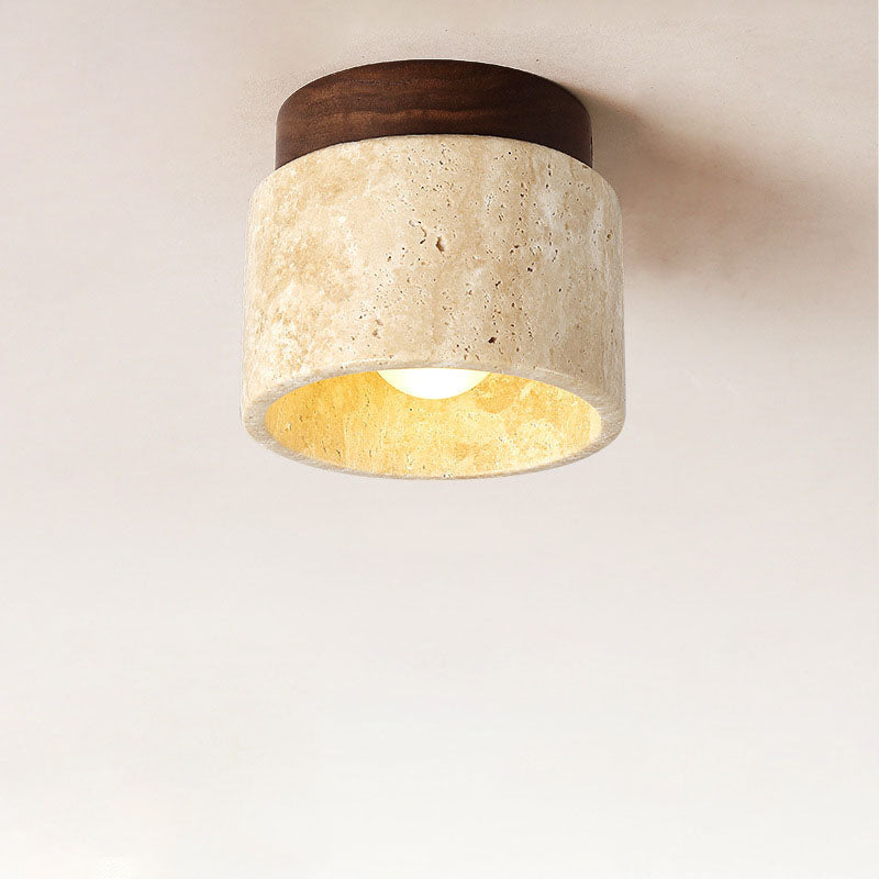 Modern Minimalist Yellow Travertine Cylinder Oval Dish Semi-Flush Mount Light for Living Room