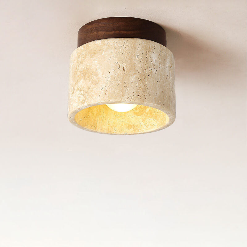 Vintage Round Travertine Flush Mount Ceiling Light - 1-Light Hallway Fixture