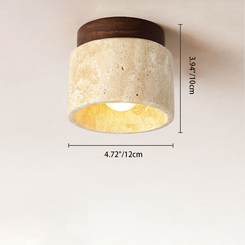 Modern Minimalist Yellow Travertine Cylinder Oval Dish Semi-Flush Mount Light for Living Room