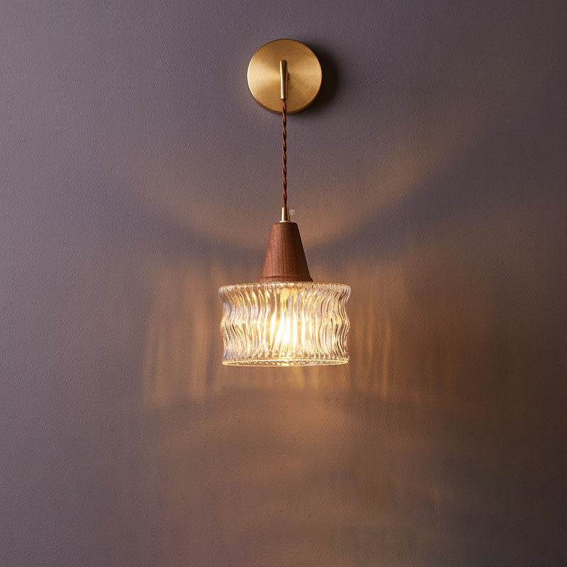 Traditional Japanese Walnut Glass Copper Cylinder Wall Sconce Lamp - 1-Light Elegant Lighting Fixture