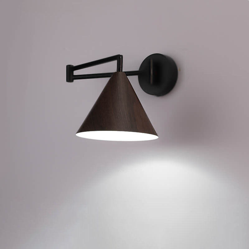 Contemporary Nordic Cone Swing Arm Wall Sconce - Wood Grain Iron 1-Light Lamp for Bedroom