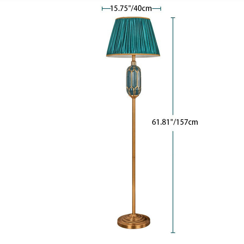 Vintage European Pleated Fabric Shade Floor Lamp with Ceramic Base 1-Light