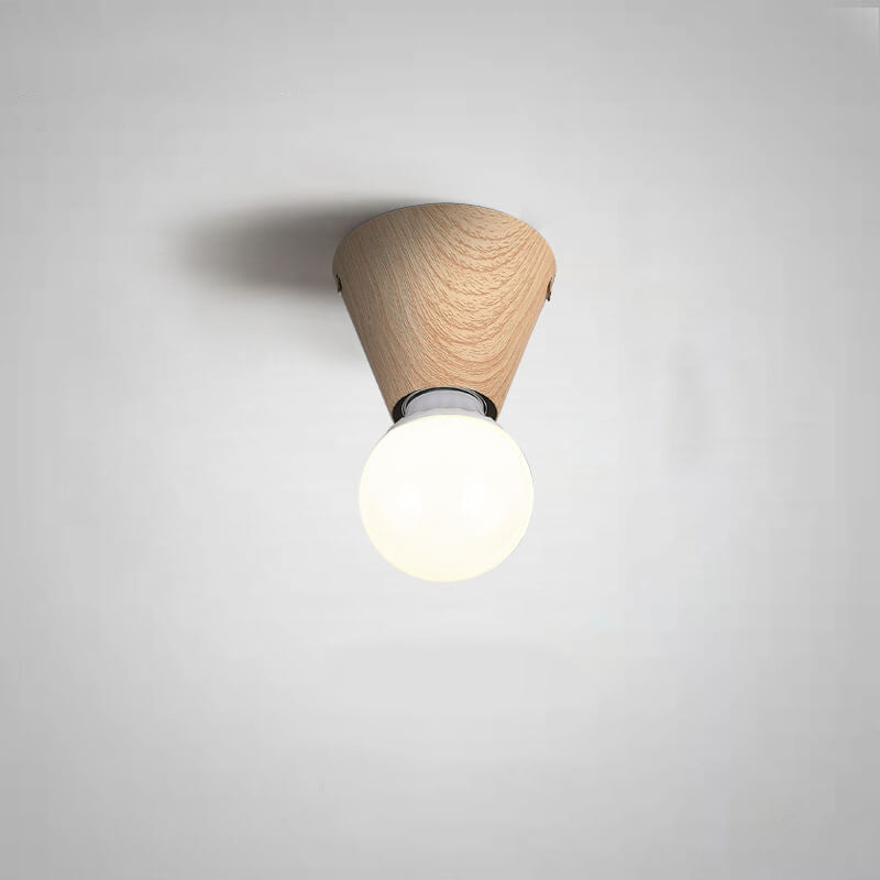 Japanese Minimalist Wood Grain Round Flush Mount Ceiling Light - 1-Light Glass Fixture