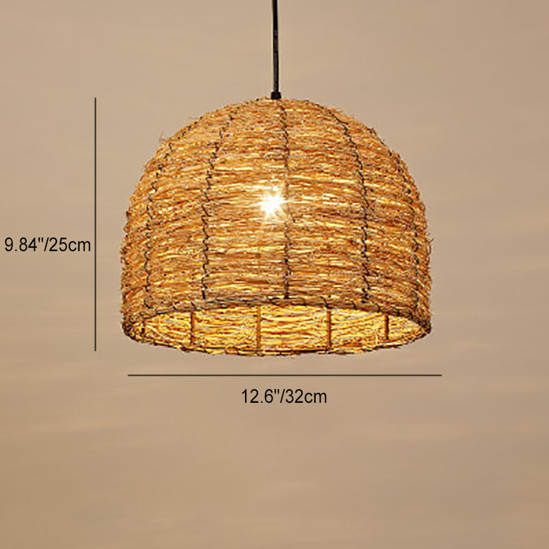 Retro Rattan Weaving Dome Pendant Light - 1-Light Hanging Fixture, Boho Chic Design, Natural Fiber, Indoor Lighting, Vintage Style, Warm Atmosphere, Decorative Ceiling Light