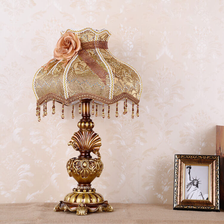 European Vintage Fabric Tassel Resin Court 1-Light Table Lamp – Elegant Home Decor Lighting, Vintage Table Lamp, Fabric Shade Lamp, Boho Chic Decor, Rustic Resin Lamp, Indoor Lighting, Stylish Bedroom Accent, Antique Design, Unique Living Room Lamp, Decor