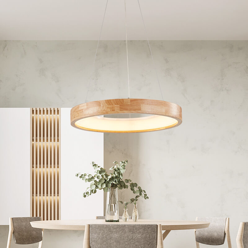 Japanese Simplicity Log Circle Island Light LED Chandelier - Modern Minimalist Lighting Fixture for Kitchen and Dining Rooms, Energy Efficient Design, Adjustable Height, Warm White Illumination