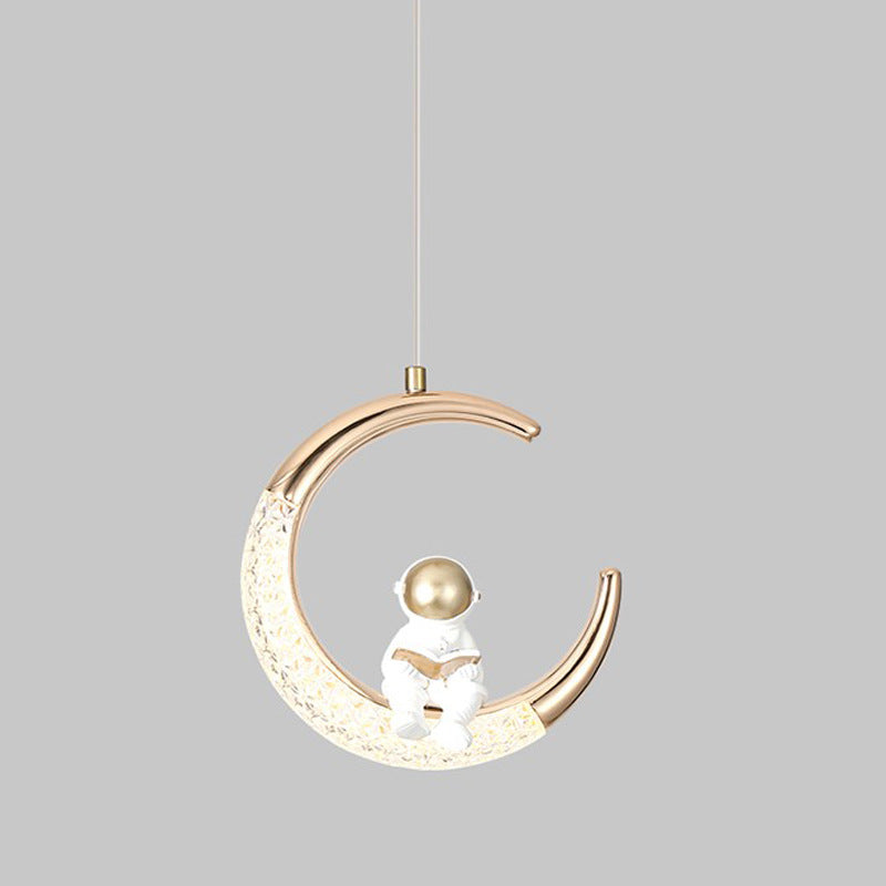 Modern Minimalist Acrylic Iron Astronaut Moon LED Pendant Light for Kids Room, Bedroom, Living Room Decor, Unique Space Themed Lighting, Stylish Nursery Light Fixture