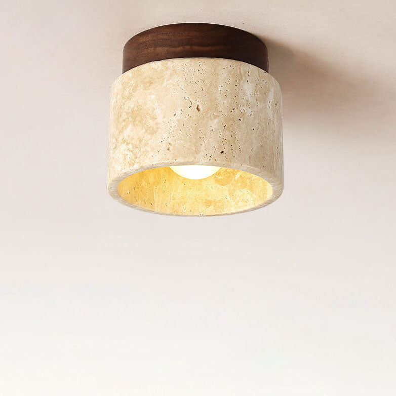Japanese Minimalist Round Yellow Travertine 1-Light Semi-Flush Mount Ceiling Light
