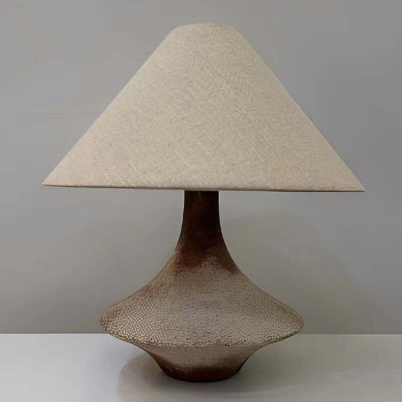 Wabi-Sabi Vintage Cone Vase Base Ceramic Fabric 1-Light Table Lamp, Handmade Rustic Home Decor, Boho Chic Lighting, Unique Artistic Accent Lamp for Bedroom, Living Room, Eco-Friendly Design, Aesthetic Interior Style, Natural Materials Lighting Solution