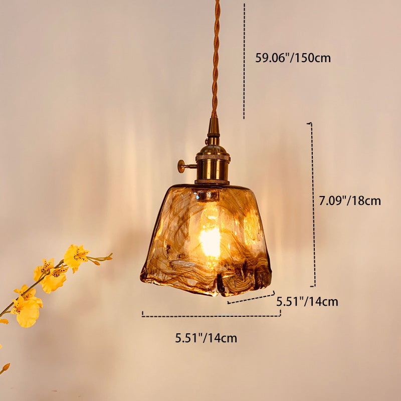 Vintage Amber Glass Brass Pendant Light 1-Light Ceiling Fixture