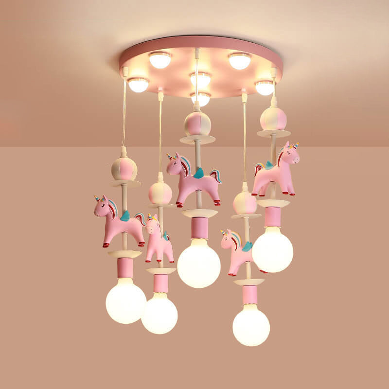 Modern Children's Carousel Eye Protection Resin Iron 1/7/11 Light Flush Mount Ceiling Light for Kids Room Nursery Playroom Colorful Decorative Ceiling Lamp Safe Energy-Efficient Design Bright LED Fixture Stylish Home Decor Indoor Lighting Ideal for Baby R