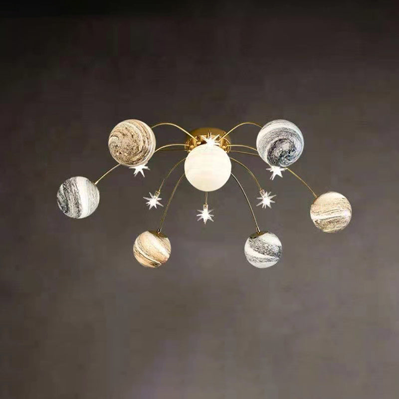 Contemporary Nordic Kids Iron Glass Ball Earth Planet 13-Light Semi-Flush Mount Ceiling Light, Stylish Bedroom Lighting Fixture, Modern Illuminated Globe Chandelier, Unique Starry Sky Decor for Children's Room, Eye-Catching Ceiling Lamp for Playroom and N
