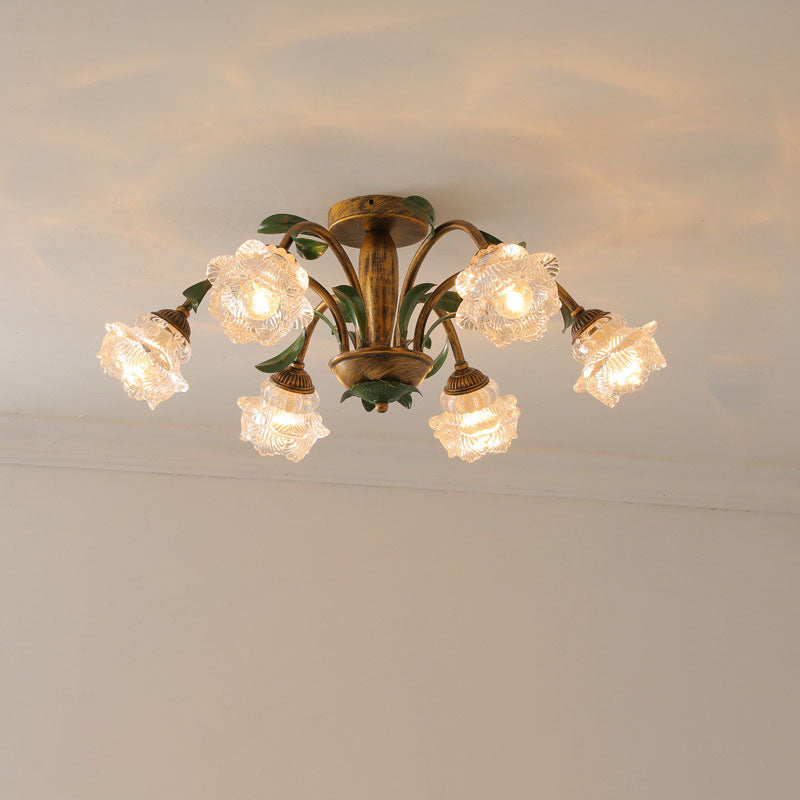 Traditional Rustic Floral Iron Glass Semi-Flush Mount Ceiling Light for Living Room - 6/8/10 Light Options