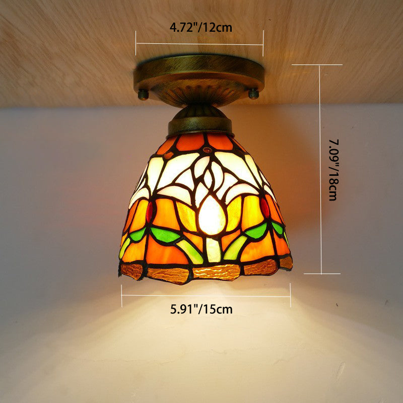 Traditional Tiffany Tulip Stained Glass Ceiling Light - Iron Dome 1-Light Semi-Flush Mount for Living Room