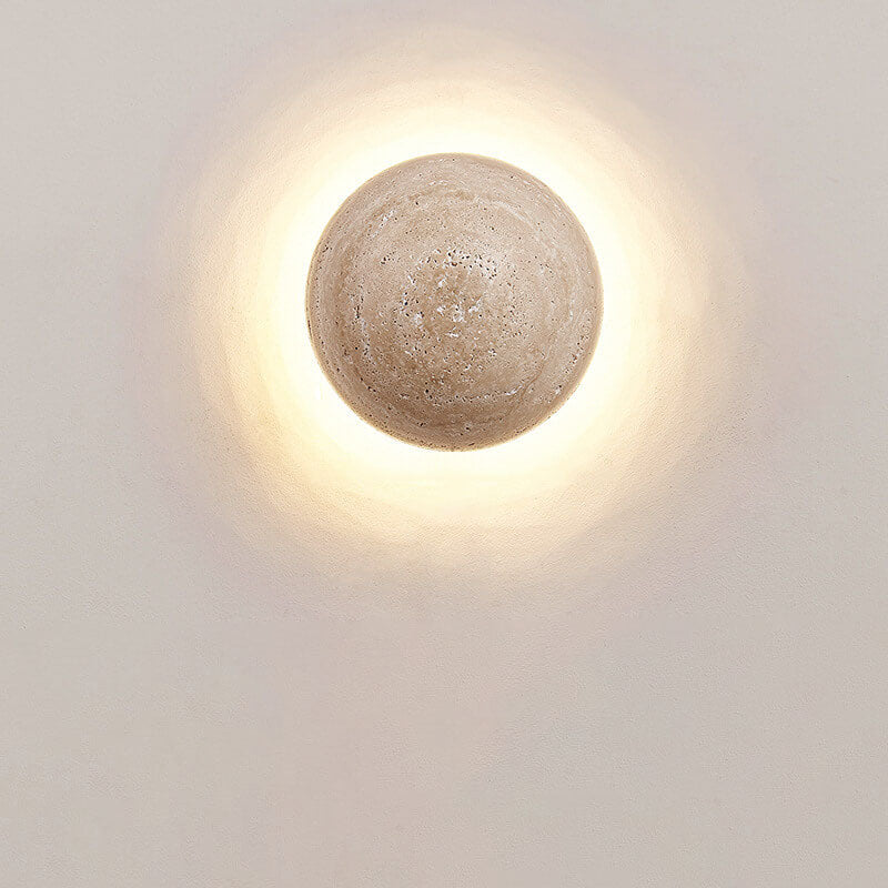 Traditional Japanese Wabi-Sabi Round Yellow Travertine LED Wall Sconce for Hallway