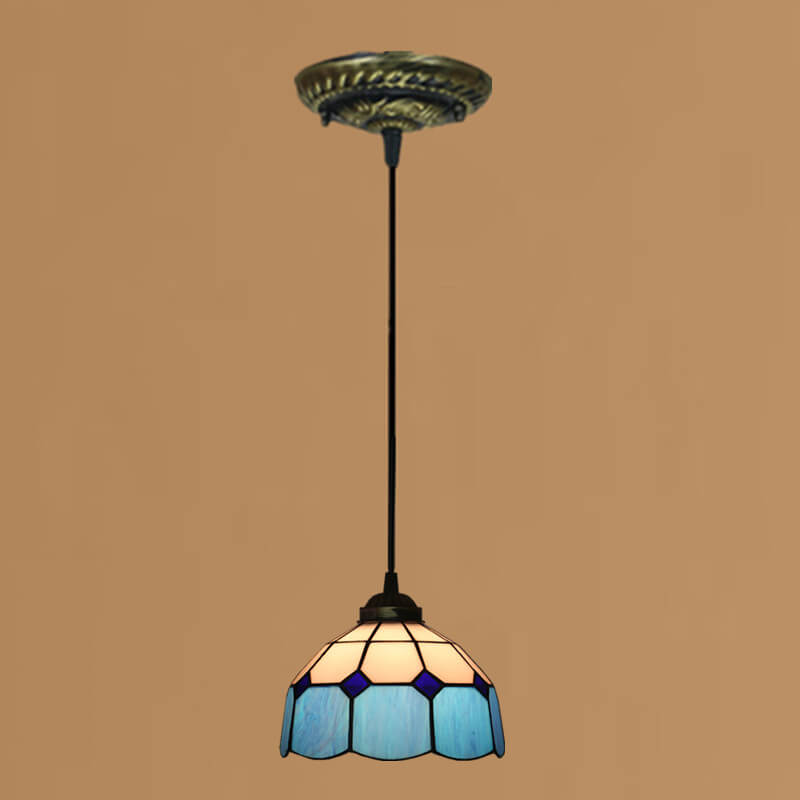 Traditional Tiffany Stained Glass Pendant Light for Living Room, Round 1-Light Iron Dome Shade