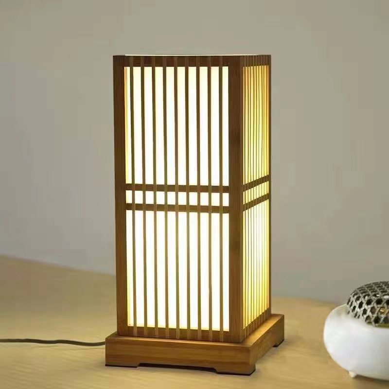 Traditional Japanese Square Bamboo Column 1-Light Table Lamp for Bedroom, Asian Decor Lighting, Artisan Craftsman Design, Elegant Nightstand Lamp, Eco-Friendly Bamboo Table Lamp, Soft Ambient Light for Bedroom, Japanese Style Home Decor, Unique Handmade L