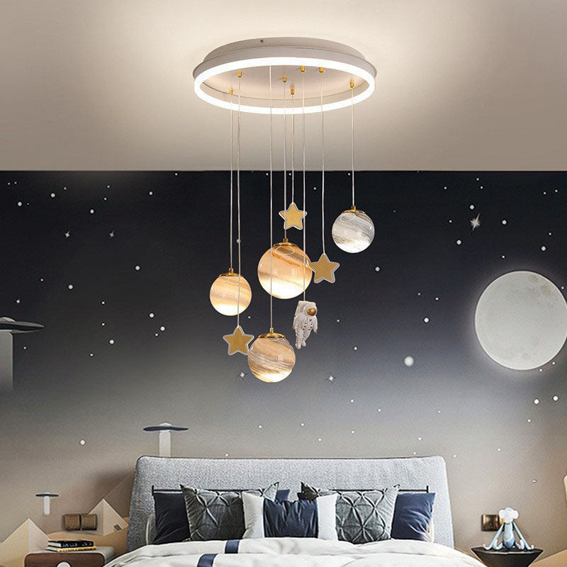 Contemporary Scandinavian Space Planet Acrylic Glass Round Shade LED Kids Flush Mount Ceiling Light for Bedroom, Kids Lighting, Scandinavian Design, Space Theme Decor, Modern Flush Mount Light, Acrylic Ceiling Fixture, LED Kids Room Light, Playroom Lighti