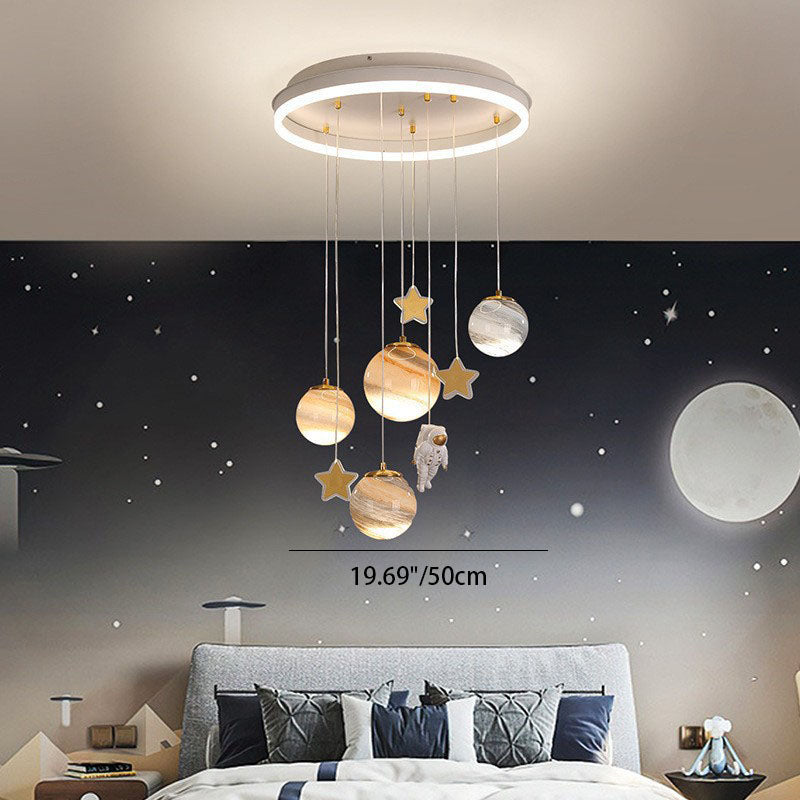 Contemporary Scandinavian Space Planet Acrylic Glass Round Shade LED Kids Flush Mount Ceiling Light for Bedroom, Kids Lighting, Scandinavian Design, Space Theme Decor, Modern Flush Mount Light, Acrylic Ceiling Fixture, LED Kids Room Light, Playroom Lighti
