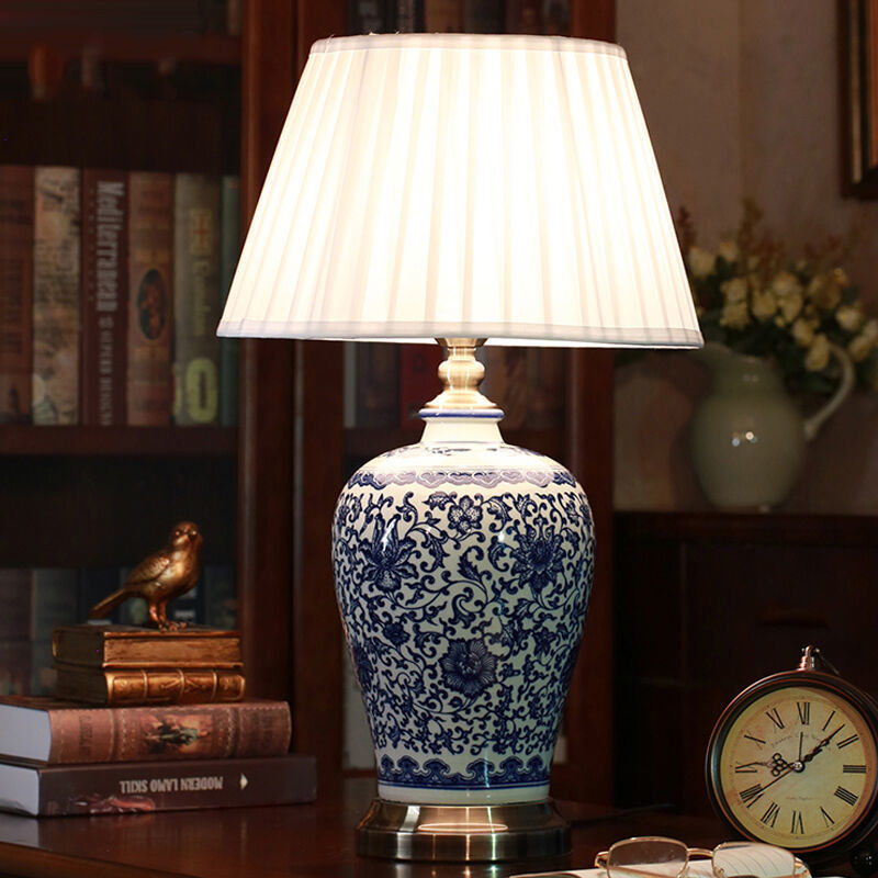 Traditional Chinese Ceramic Fabric Electroplated Antique Brass Finish Cone 1-Light Table Lamp Home Office Decorative Lighting Modern Feng Shui Accent Piece Elegant Nightstand Lamp Classic Design for Living Room Bedroom Study