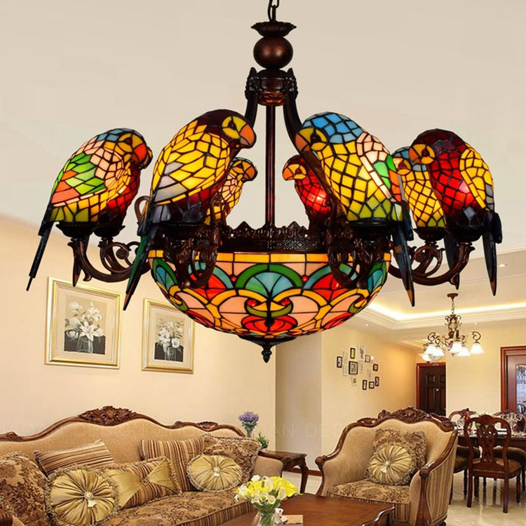 Traditional Tiffany Metal Glass Dome Parrot Chandelier 11-Light for Living Room