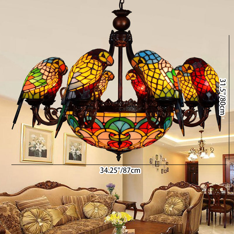 Traditional Tiffany Metal Glass Dome Parrot Chandelier 11-Light for Living Room