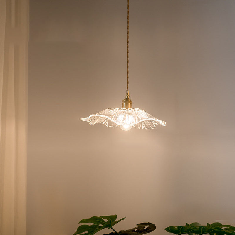 Nordic Vintage Glass Flower Brass Pendant Light 1-Light