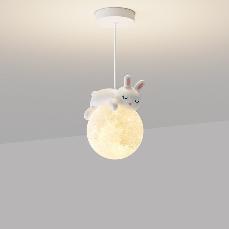 Contemporary Creative Resin Rabbit Moon 1-Light Kids Pendant Light for Living Room, Playroom, Nursery, Cute Rabbit Design, Children's Bedroom Lighting, Unique Pendant Fixture, Decorative Home Accent, Modern Animal Pendant Light, Kids Room Decor, Adjustabl