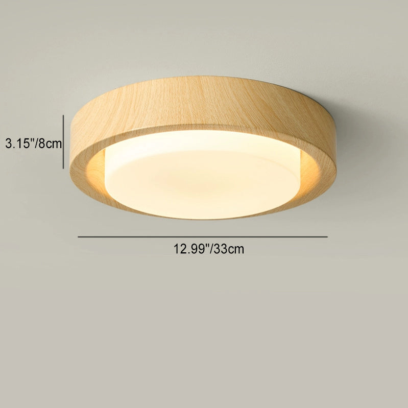 Traditional Japanese Round Glass LED Flush Mount Ceiling Light - Wood Grain Design for Bedroom