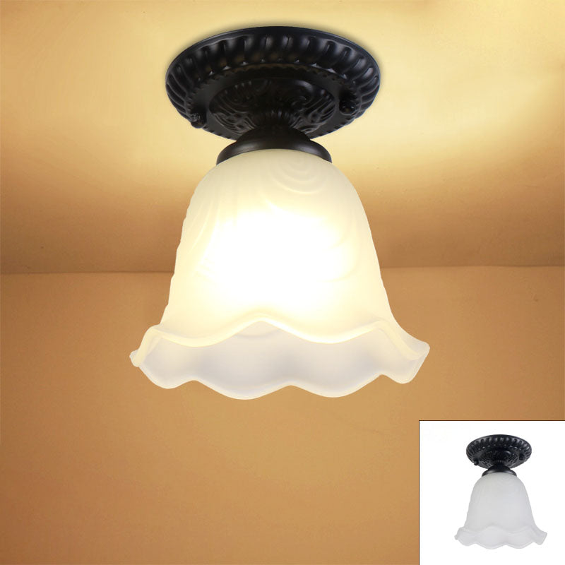 Contemporary Retro Floral Semi-Flush Mount Ceiling Light - Bell Round Iron & Glass for Hallway