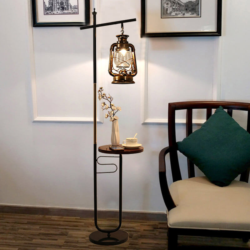 Vintage European Lantern Floor Lamp - Iron, Wood & Marble, 1-Light Standing Design
