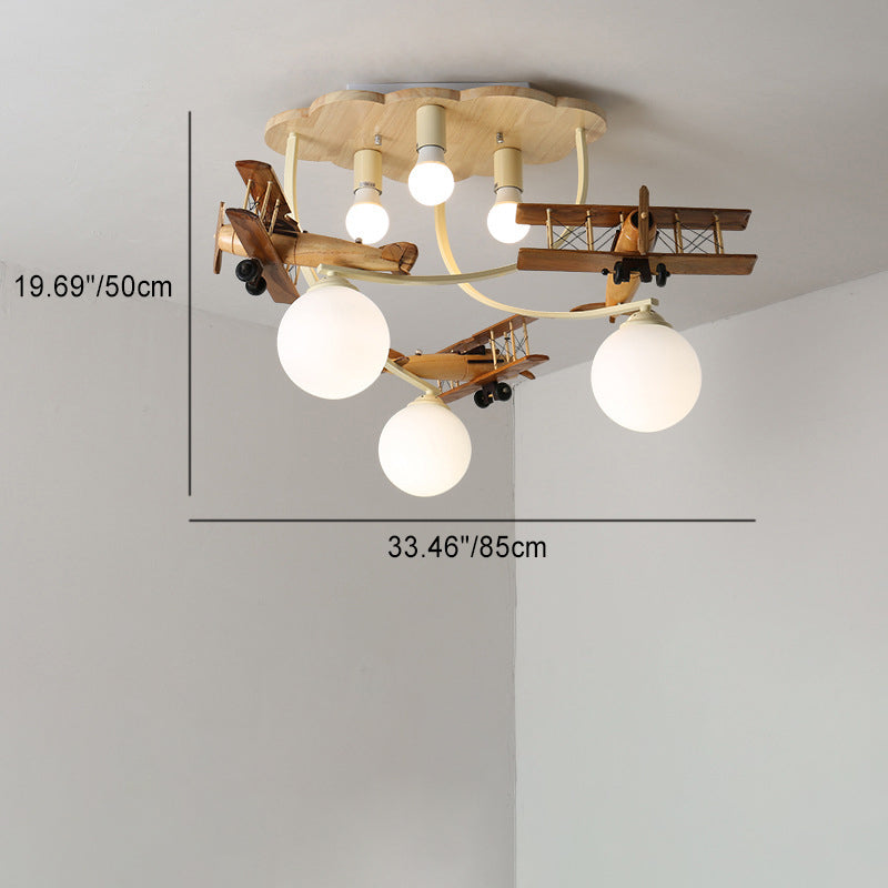 Contemporary Nordic Kids Iron Rubber Wood Glass Plane Cloud Ball 6-Light Flush Mount Ceiling Light for Bedroom, Modern Children's Lighting Fixture, Stylish Nursery Decor, Unique Playroom Illumination, Scandinavian Style Ceiling Lamp, Kid-Friendly Room Lig