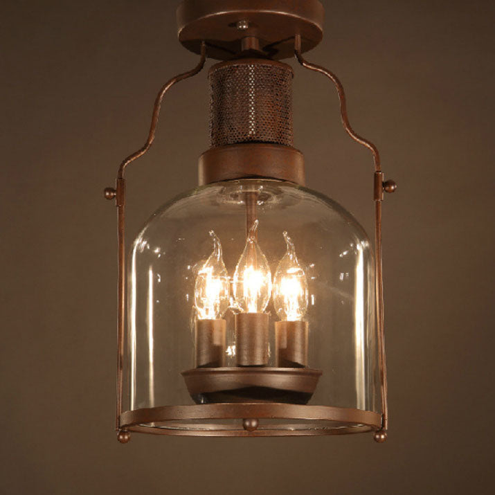 Industrial Vintage Iron Glass Lantern 3-Light Semi-Flush Mount Ceiling Light