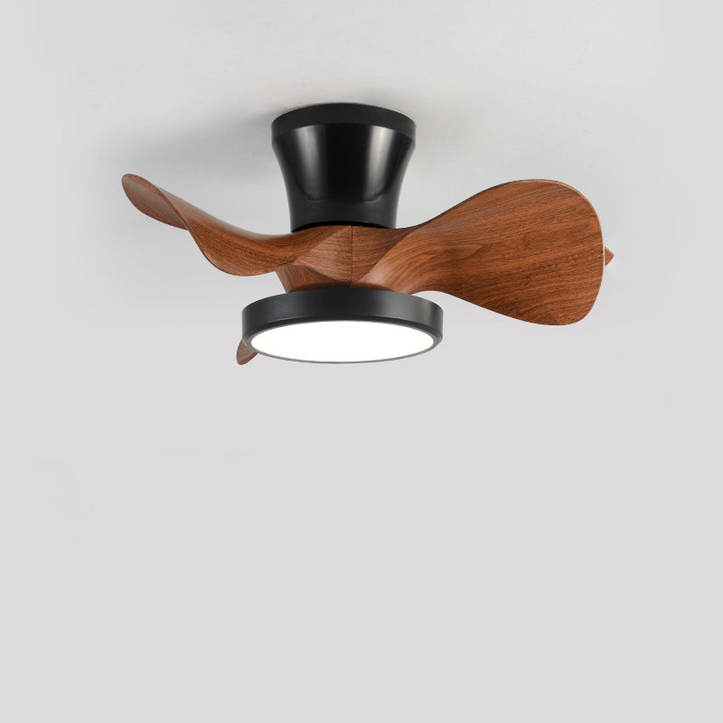 Contemporary Industrial Round Wood Grain LED Semi-Flush Mount Ceiling Fan Light for Living Room