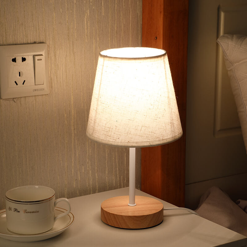 Contemporary Nordic Solid Wood Fabric Cone LED Table Lamp for Living Room Bedroom Modern Minimalist Nightstand Lighting Scandinavian Design Eco-Friendly Decor Stylish Illumination Home Lighting Solutions Plug-in Lamp Adjustable Brightness Trendy Accent La