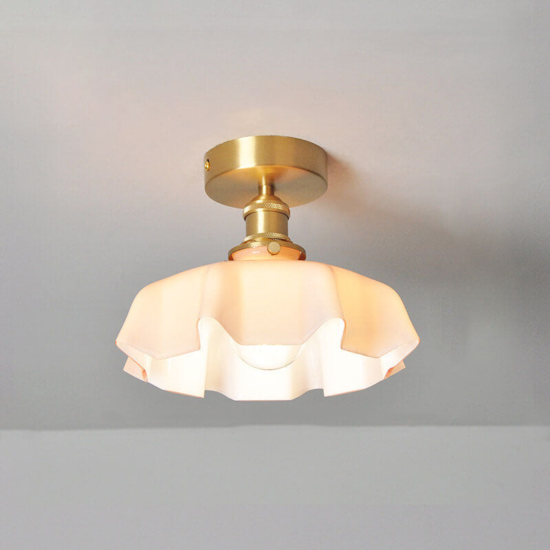 Japanese Vintage Cream Glass Floral Brass Semi-Flush Mount Ceiling Light