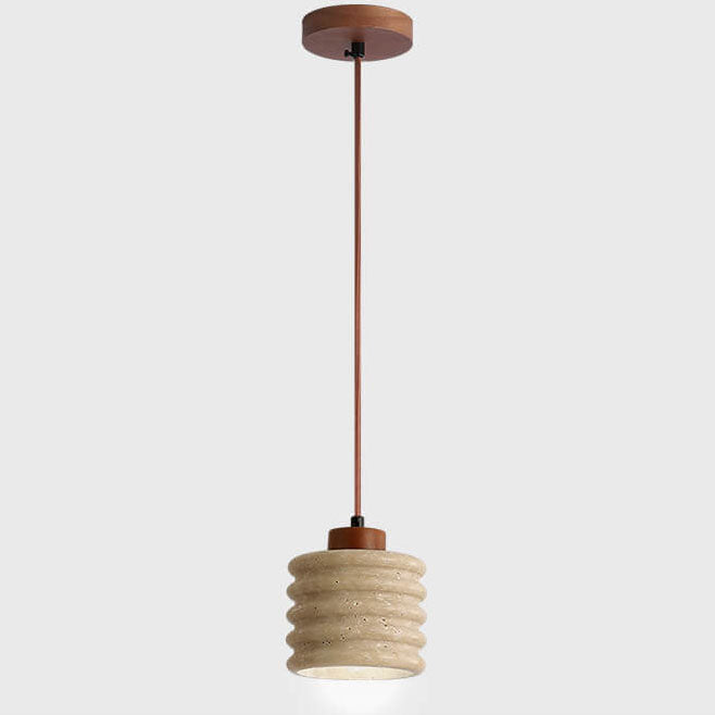 Wabi-Sabi Yellow Travertine Cylinder Pendant Light - Wood 1-Light Lampshade