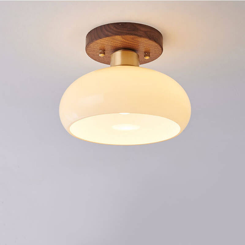 Vintage Walnut Brass Semi-Flush Mount Light Fixture 1-Light Ceiling Lamp