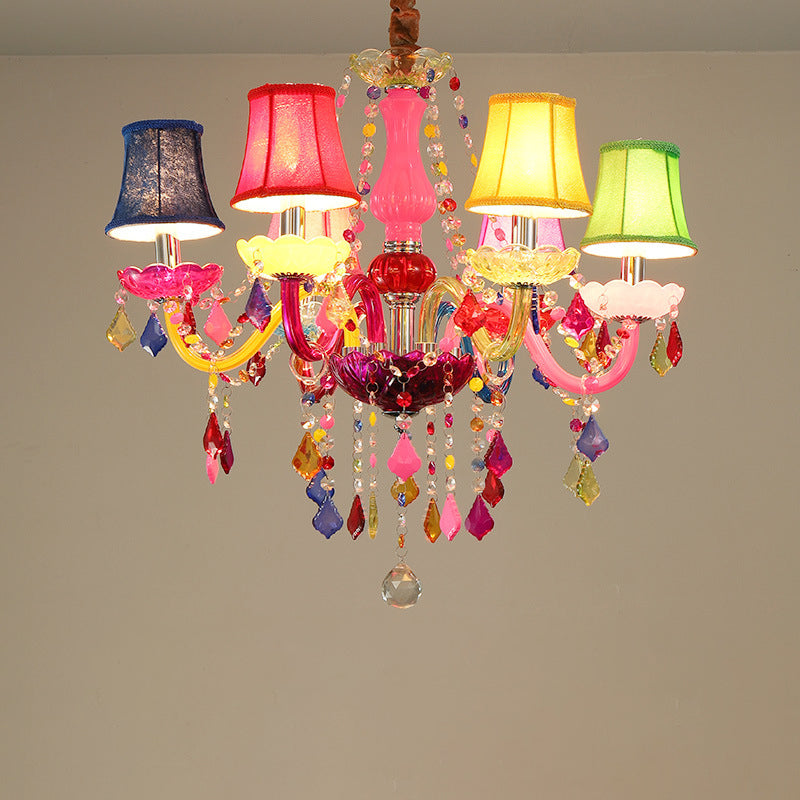 Traditional European 6-Light Glass Crystal Metal Fabric Chandeliers for Living Room