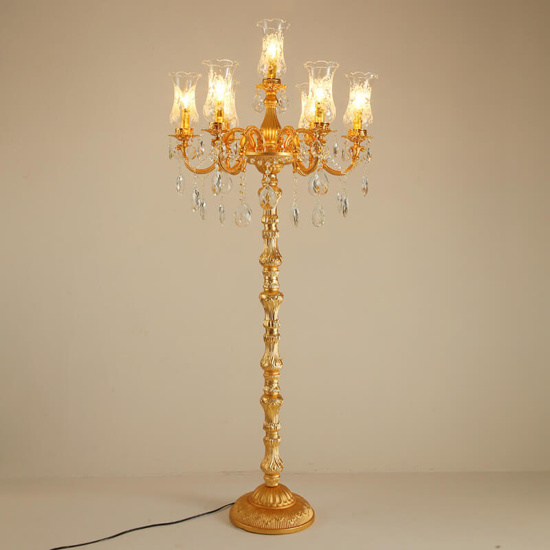 Luxury Golden Crystal Zinc Alloy 7-Light Floor Lamp for Bedroom
