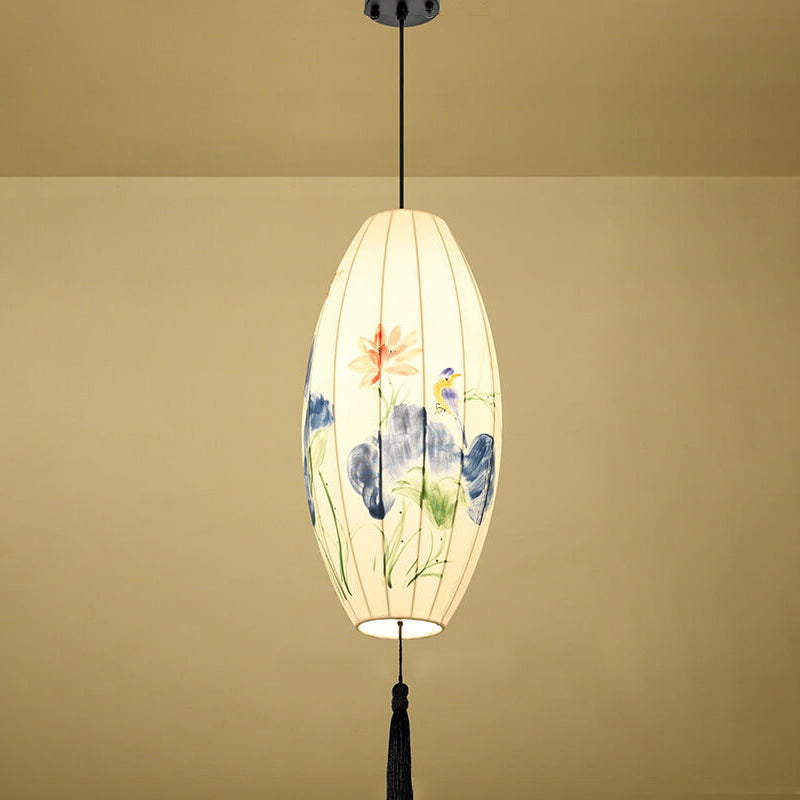 Oriental Antique Handmade Oval Lantern Pendant Light - 1-Light Fabric Fixture