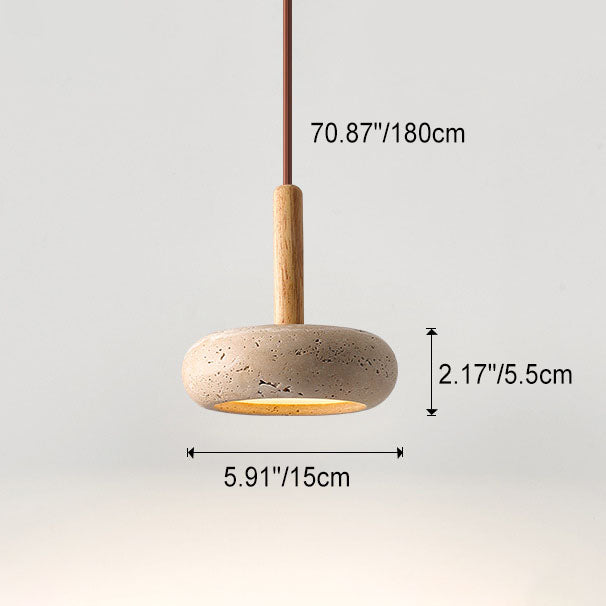 Traditional Japanese Round Wood Yellow Travertine LED Pendant Light for Bedroom